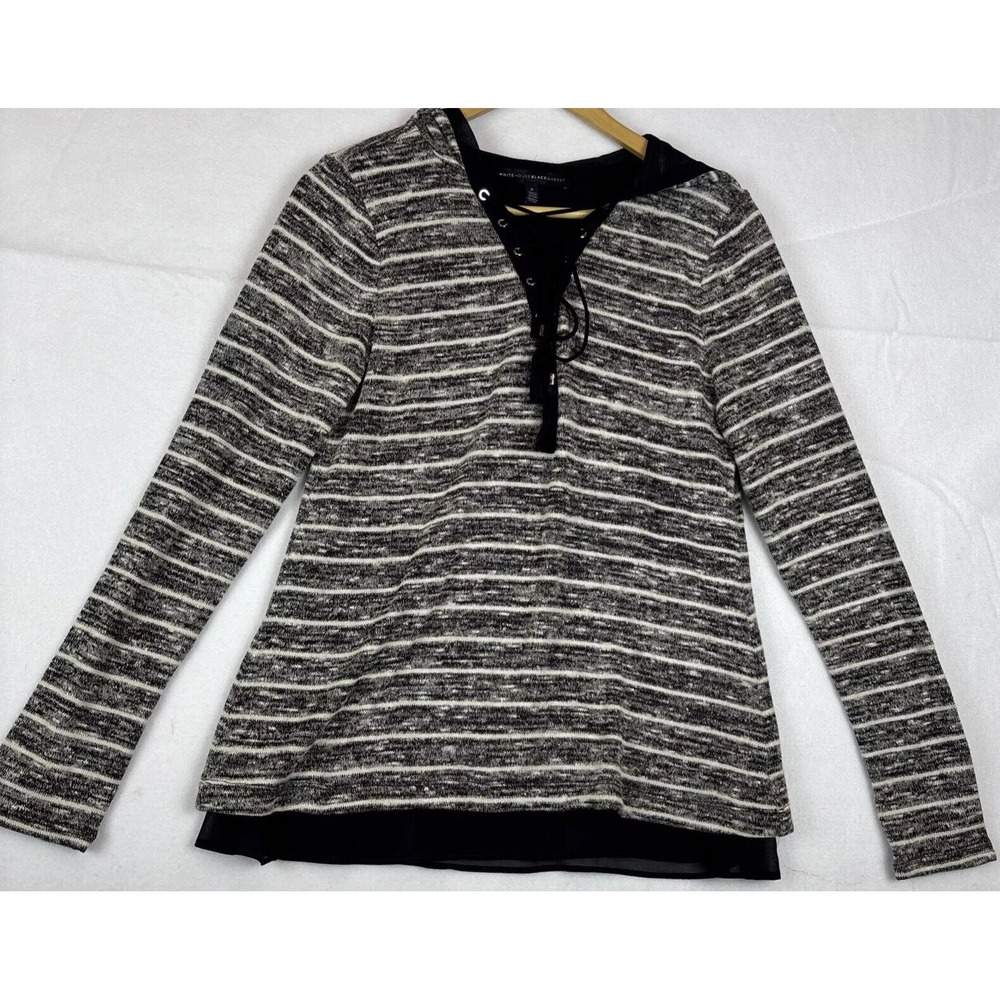 White House Black Market Pullover Sweater Size S Silver Gold Gray Stripe Lace Up
